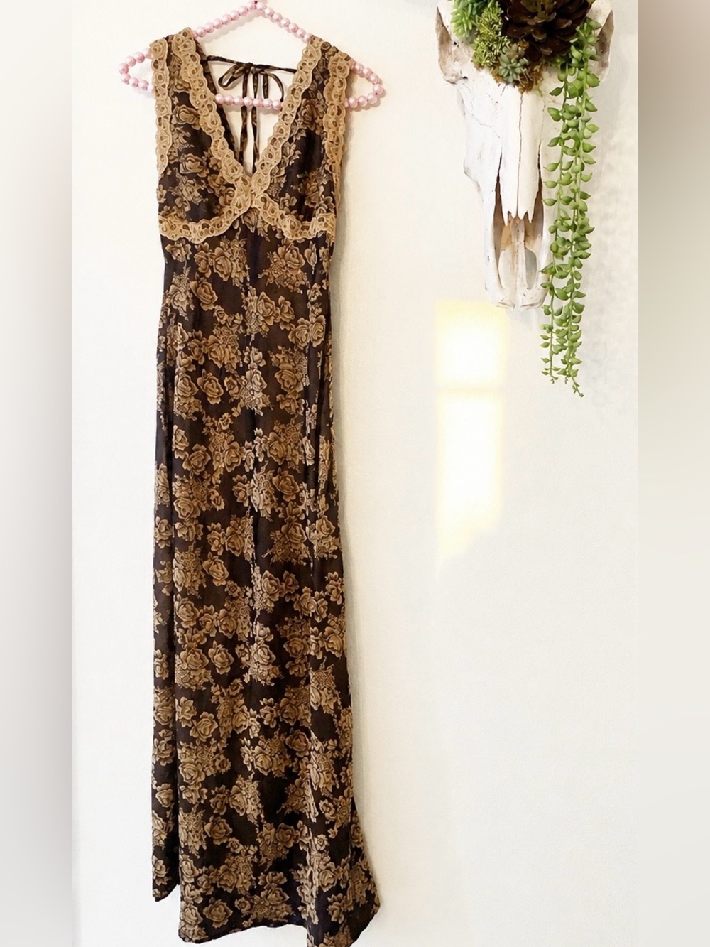 NWT Viral Maxi Slip Dress with Gold Floral Lace XS